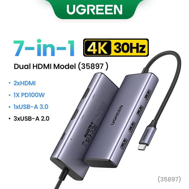 UGREEN Dual HDMI USB-C HUB 8K 4K HDMI Adapter 10 in 1 Splitter with RJ45 USB3.0 PD 100W Dock for MacBook Pro Air Laptop USB HUB