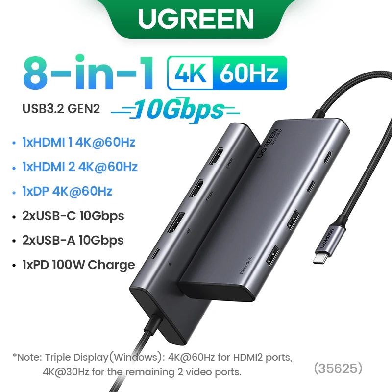 UGREEN Dual HDMI USB-C HUB 8K 4K HDMI Adapter 10 in 1 Splitter with RJ45 USB3.0 PD 100W Dock for MacBook Pro Air Laptop USB HUB