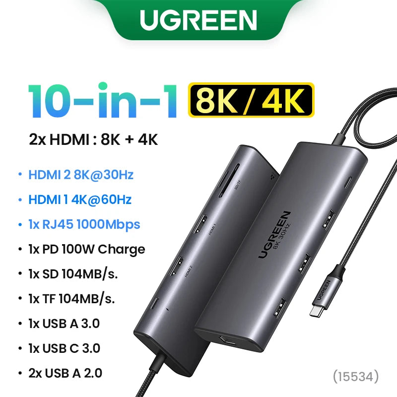 UGREEN Dual HDMI USB-C HUB 8K 4K HDMI Adapter 10 in 1 Splitter with RJ45 USB3.0 PD 100W Dock for MacBook Pro Air Laptop USB HUB